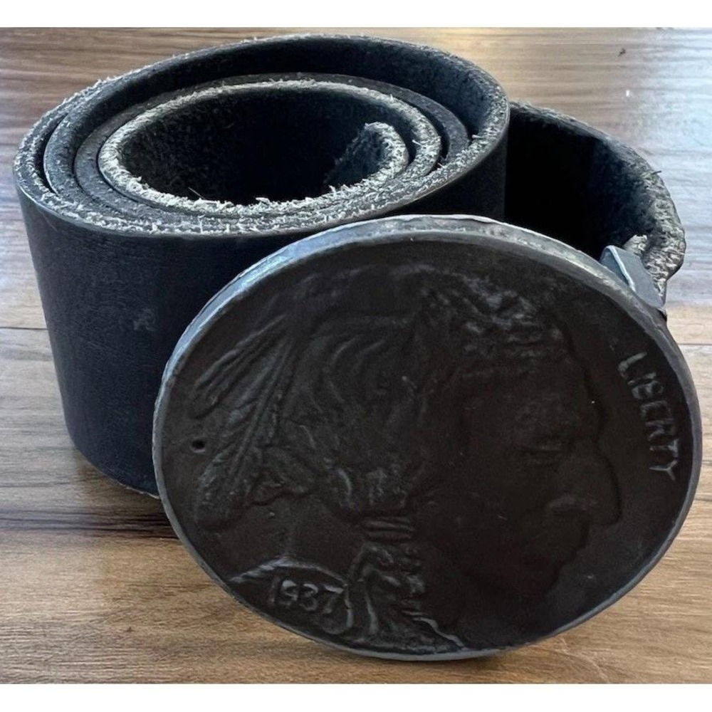 Vintage Buffalo Nickel Coin Belt Buckle Leather Belt Western Biker 33"